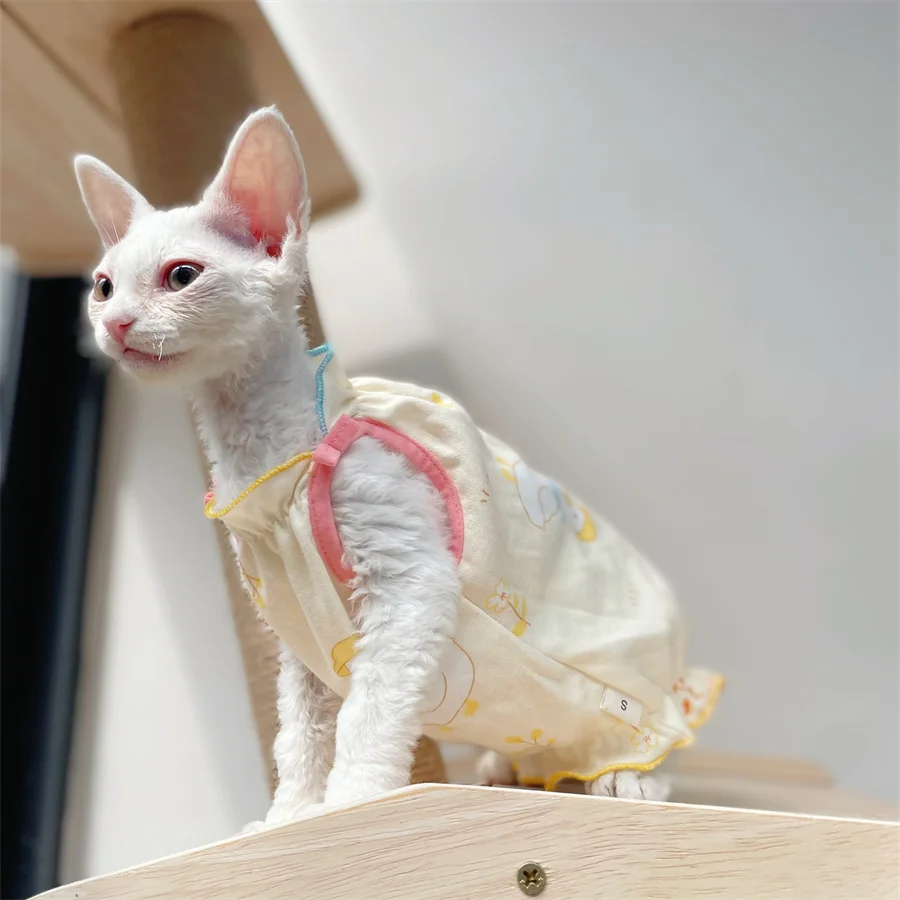 

Cotton Dress for Sphynx Cat Summer Cute Yellow Duck Suspenders Lace Vest For Female Cat T-Shirt for Kittens Loungewear for Devon