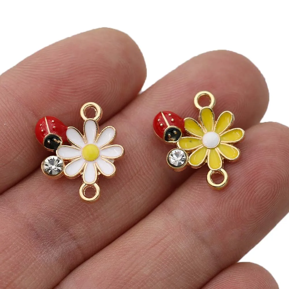 10Pcs Gold Plated Enamel Flower Ladybug Charm Connectors for Jewelry Making Bracelet Accessories DIY Findings 18x15mm