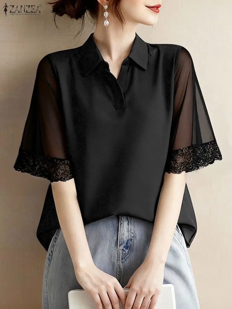 ZANZEA Frauen Stilvolle Spitze Patchwork Bluse Sommer Mode Hemd Elegante Kurzarm Arbeit Blusen Solide Aushöhlen Tops Tunika