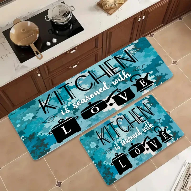 Single Kitchen Mat, Teal Alphabet Design with Pots And Kettles, Non-Slip Polyester Floor Mat, Suitable for Indoor/Outdoor Use,