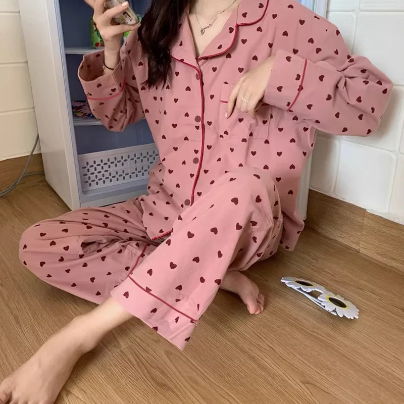 New Ins Loose Casual Pajamas for Women, Simple and Sweet Long Sleeved Cardigan Pjs for Girls, Home Two-piece Pajamas for Women