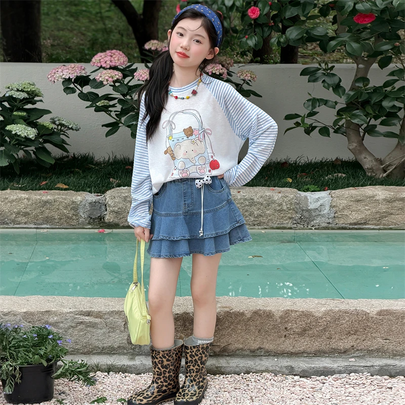Children Clothes Girls Summer 2026 Sweet Cute Cartoon Sun Protection Long Sleeve Tops and Denim Mini Skirt 110-170cm 15-50kg