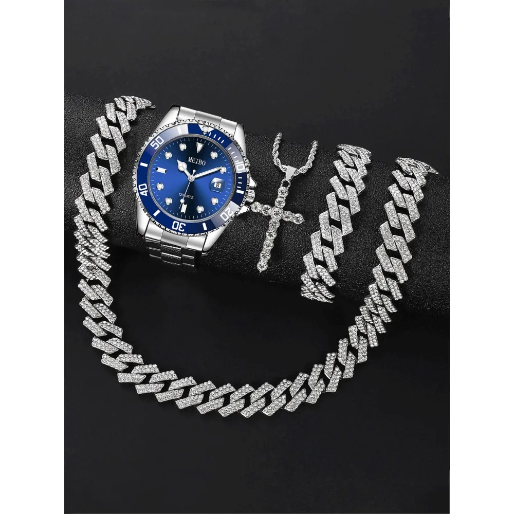 ABC4-piece Calendar Green Water Ghost Watch Men's Watch Steel Belt Quartz Watch Set