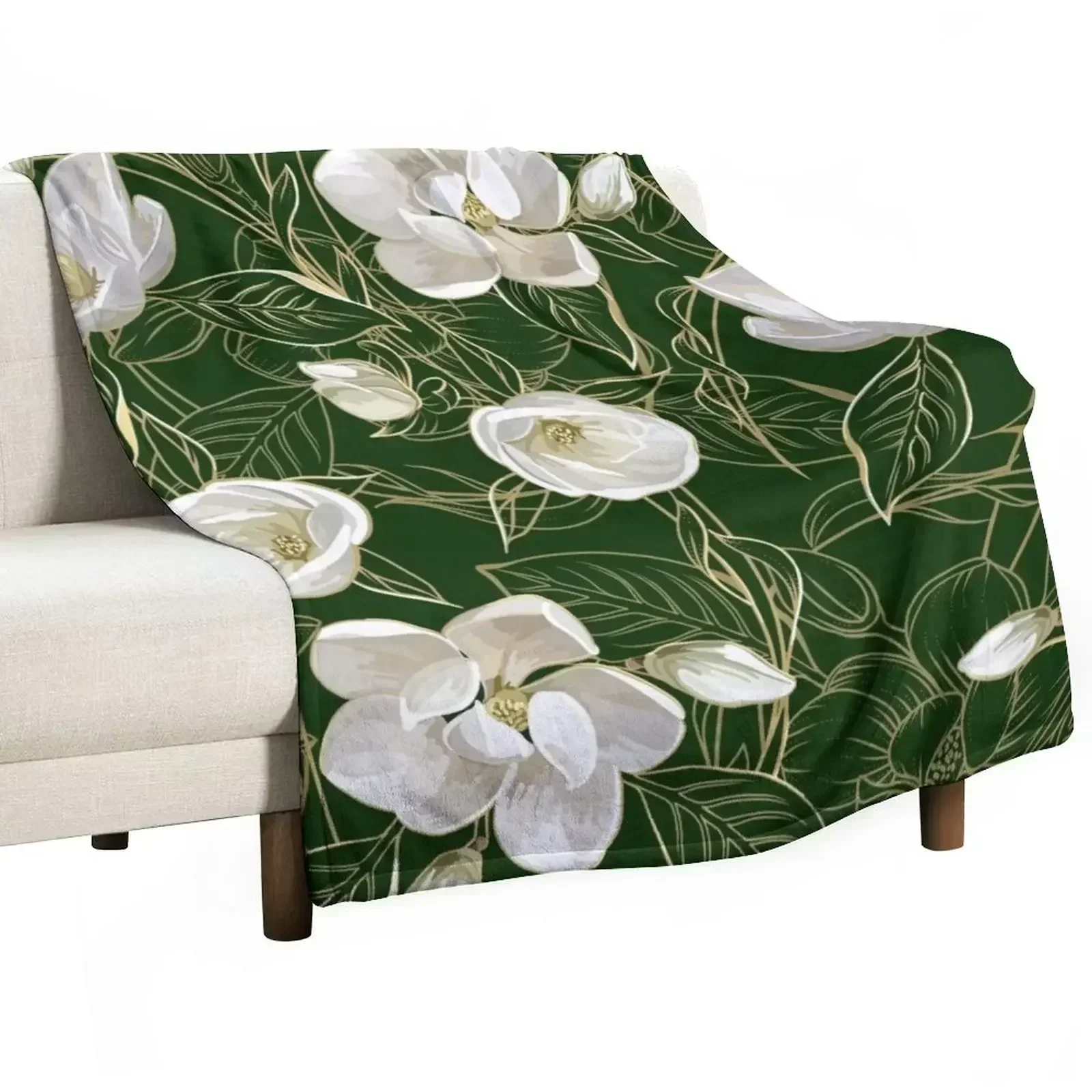 Modern Southern Magnolia Pattern on Deep Green Throw Blanket Picnic Luxury Designer Blankets Sofas Of Decoration Blankets