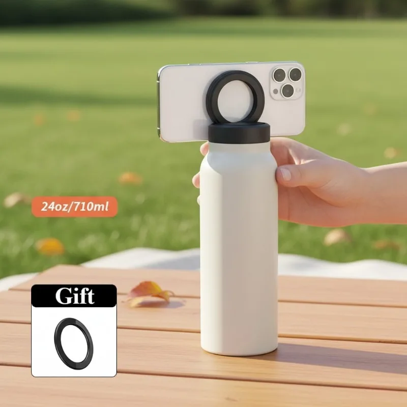 Bouteille d'eau de Sport de 24oz, isolée en acier inoxydable, sans BPA, avec couvercle magnétique et support pour téléphone, pour Fitness, voyage, randonnée
