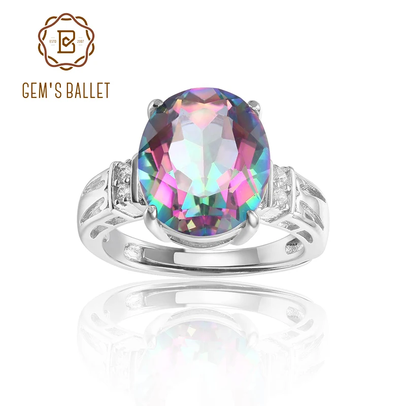 GEM'S BALLET 4.36Ct 10x12mm Oval Rainbow Mystic Topaz Gemstone Promise Engagement Rings in Sterling Silver Gift For Her