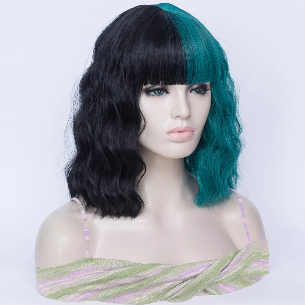 المرأة تأثيري الباروكات الاصطناعية قصيرة مجعد أسود أخضر مزدوجة الإملائي اللون الباروكات مع الانفجارات لوليتا هالوين حزب الشعر وهمية