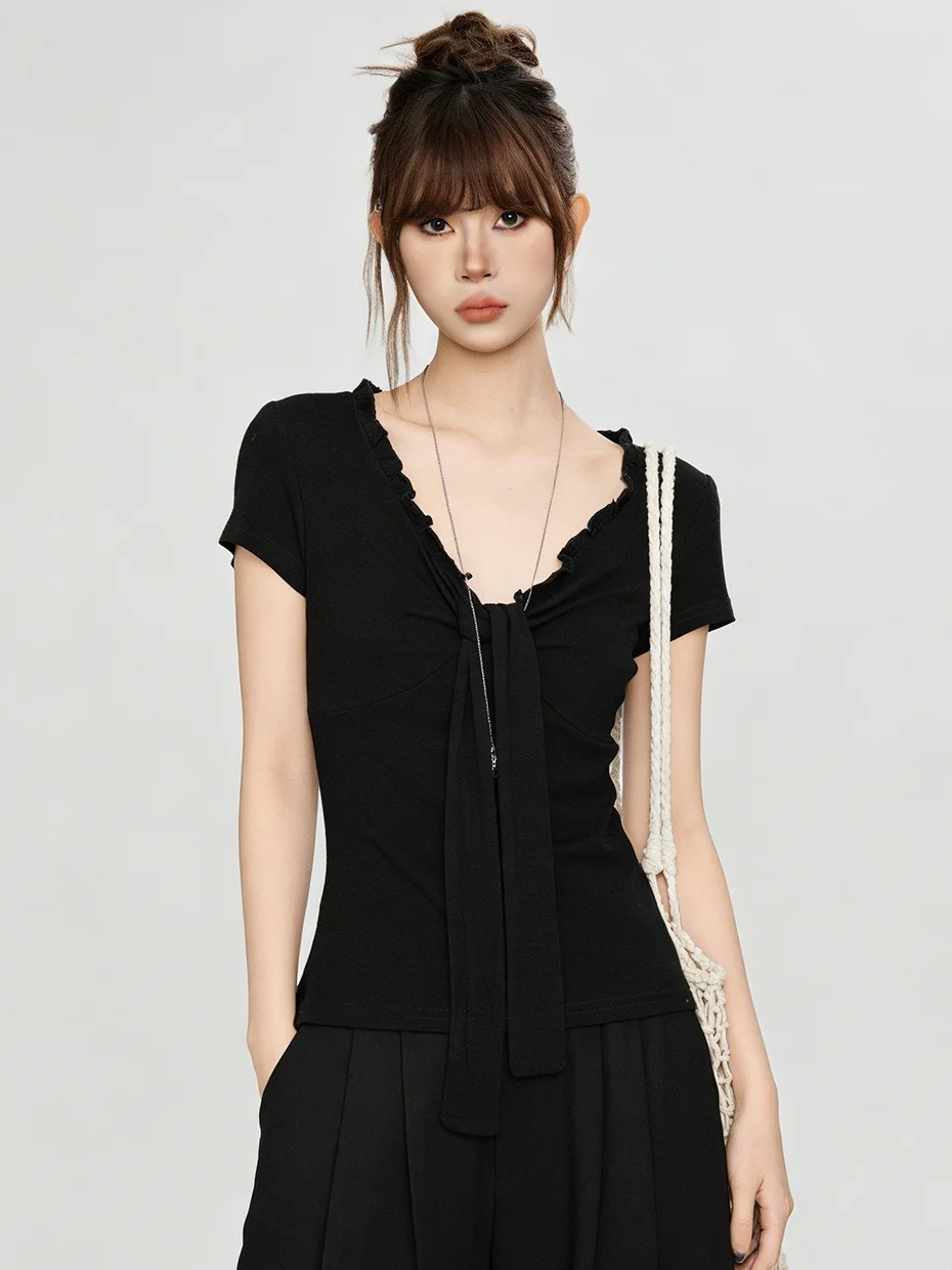 

Летняя уникальная женская футболка с коротким рукавом и V-образным вырезом, модная, с присборенной талией, в корейском стиле, для повседневной носки