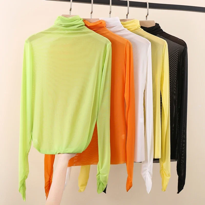 2023 Summer Women Golf Sunscreen with long sleeves and ultra-thin ice silk bottoming shirt and round neck turtleneck top