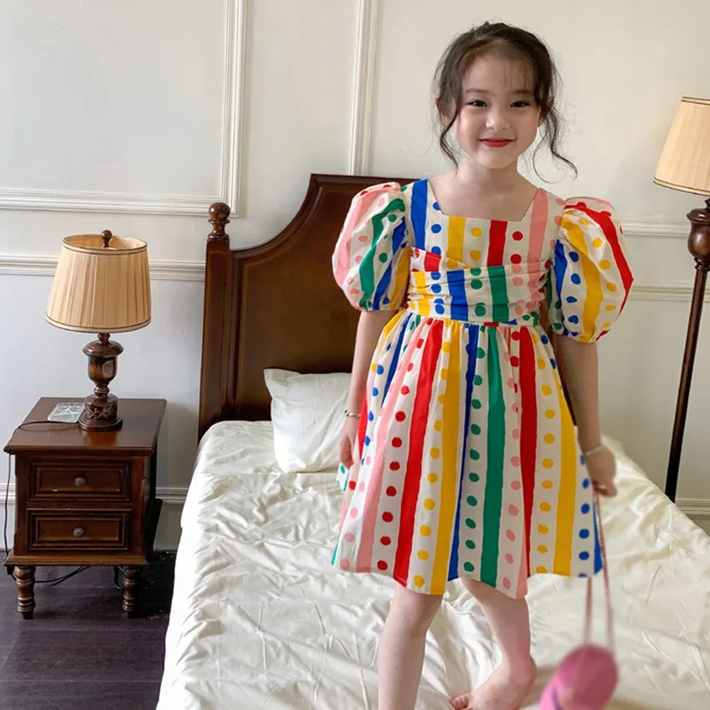 Summer Girls Colorful Dot Print Rainbow Waist Puffy Dress Square Neck Bubble Sleeved Sweet Princess Dress 3-8T