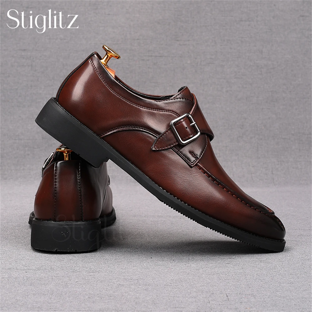 

Almond Toe Monk Shoes for Men Polished Leather Luxury Leather Shoes Comfortable Breathable Formal Occasion Business Shoes Brown