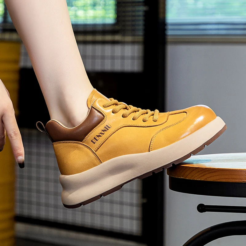 DRKANOL Women Genuine Leather Boots Thick Bottom Wedges Heel Casual Sneakers Shoes Ladies Lace-Up Chunky Platform Ankle Boots