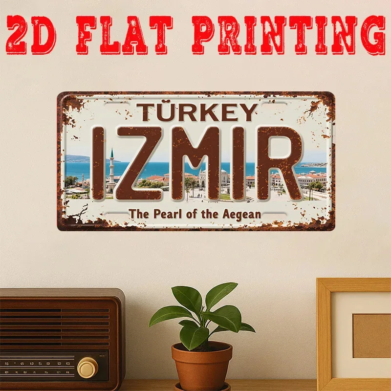 2D Flat, [JIT]2D Flat 1pc, 2D Flat, 1pc Vintage Izmir Turkey Metal Sign- Aegean Coast Landmarks Wall Art Retro Izmir Map with Te