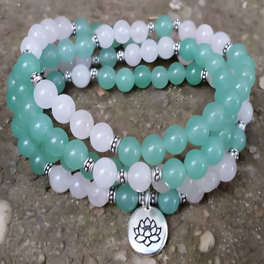

6mm White Green Jade Gemstone Mala Bracelet 108 Beads Bohemian Chaplet elastic Tibetan Zen Gemstone Mala Stone Buddha Meditation