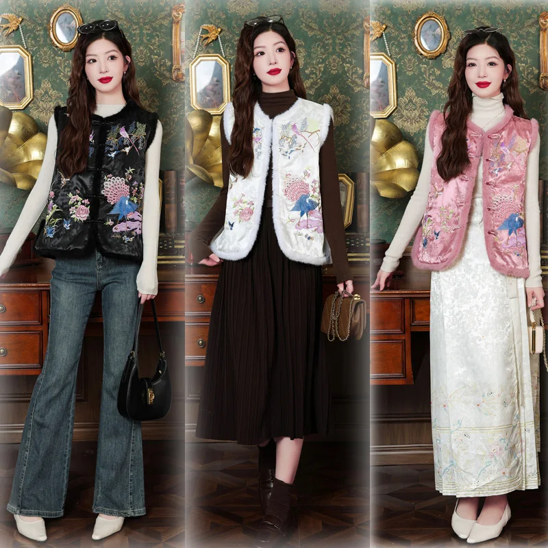 

High-End plus Size Women's Embroidered Jaet Thiened Button-Up Chinese Sle Trendy Vest Top for Autumn Winter Commute