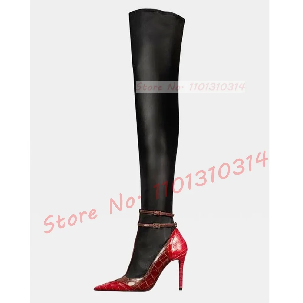 Colorblock Stretch Thigh High Boots Women Sexy Thin High Heels Slim Tall Boots Female Pointed Toe Stylish Leggy Red Pumps Shoes