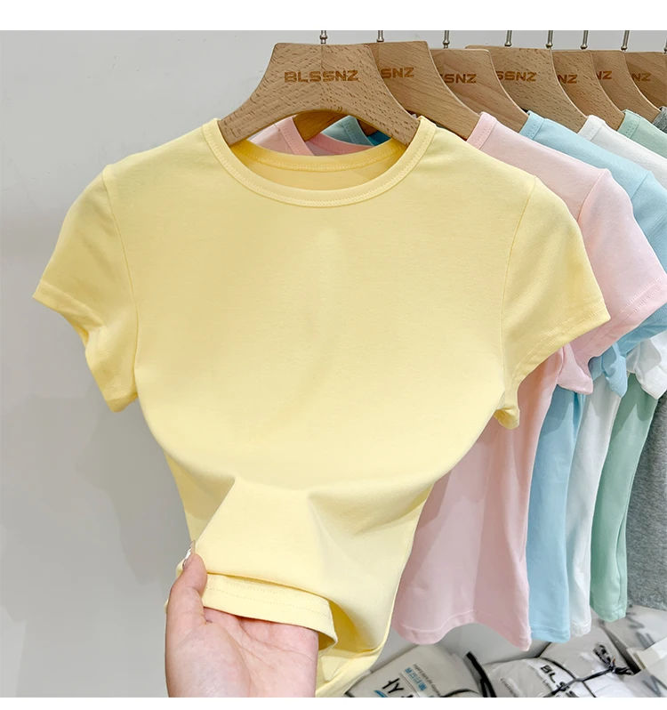 Zjaiss 2026 Sommer Neues Design Slim Fit Basic Top Trendiges Damen Baumwoll-Kurzarm-T-Shirt Einfarbig Vielseitiges O-Neck Tee – Detail 25
