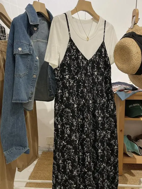 Grande taille imprimé fleuri Midi Dr Vintage T-shirt à bretelles Dr ample taille haute jupe trapèze pour femmes de plus de 300 Po...