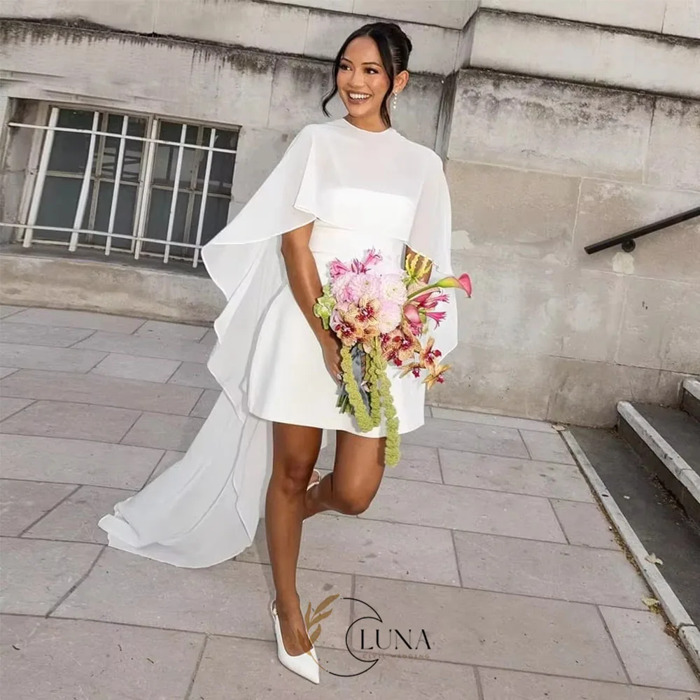 Luna Customized Minimalist Wedding Dress Mini-Length Civil Vestido De Novia Chiffon Cape Elegant Short Bride Gown
