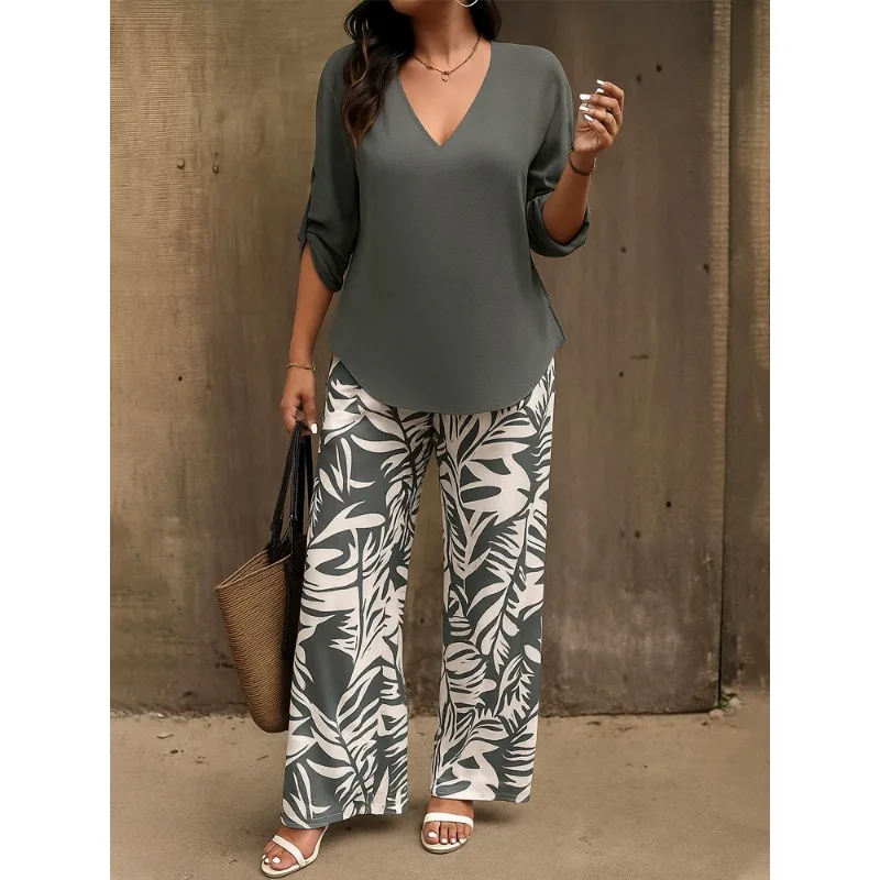 

2025 New Women's Spliced V-neck Long-sleeved Trousers Digital Printed Casual Suit