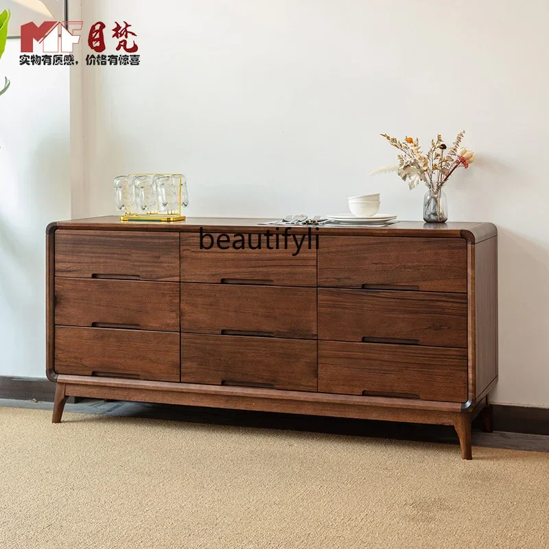 

45Nordic Black Walnut Wooden Chests of Drawers New Chinese Style Solid Wood Floor Storage Cabinet Light Luxury Cabinet