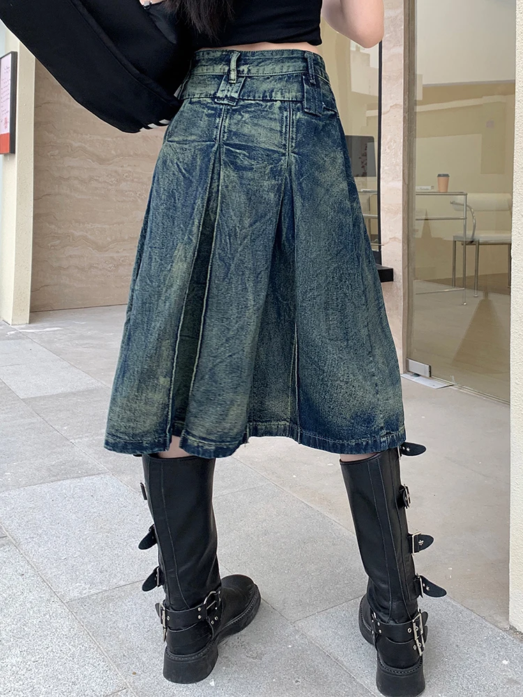 S-4XL Women Jeans Skirts Summer New High Waist A-Line Pleated Loose Casual Blue Midi Denim Skirts Female Streetwear Y2K Jeans