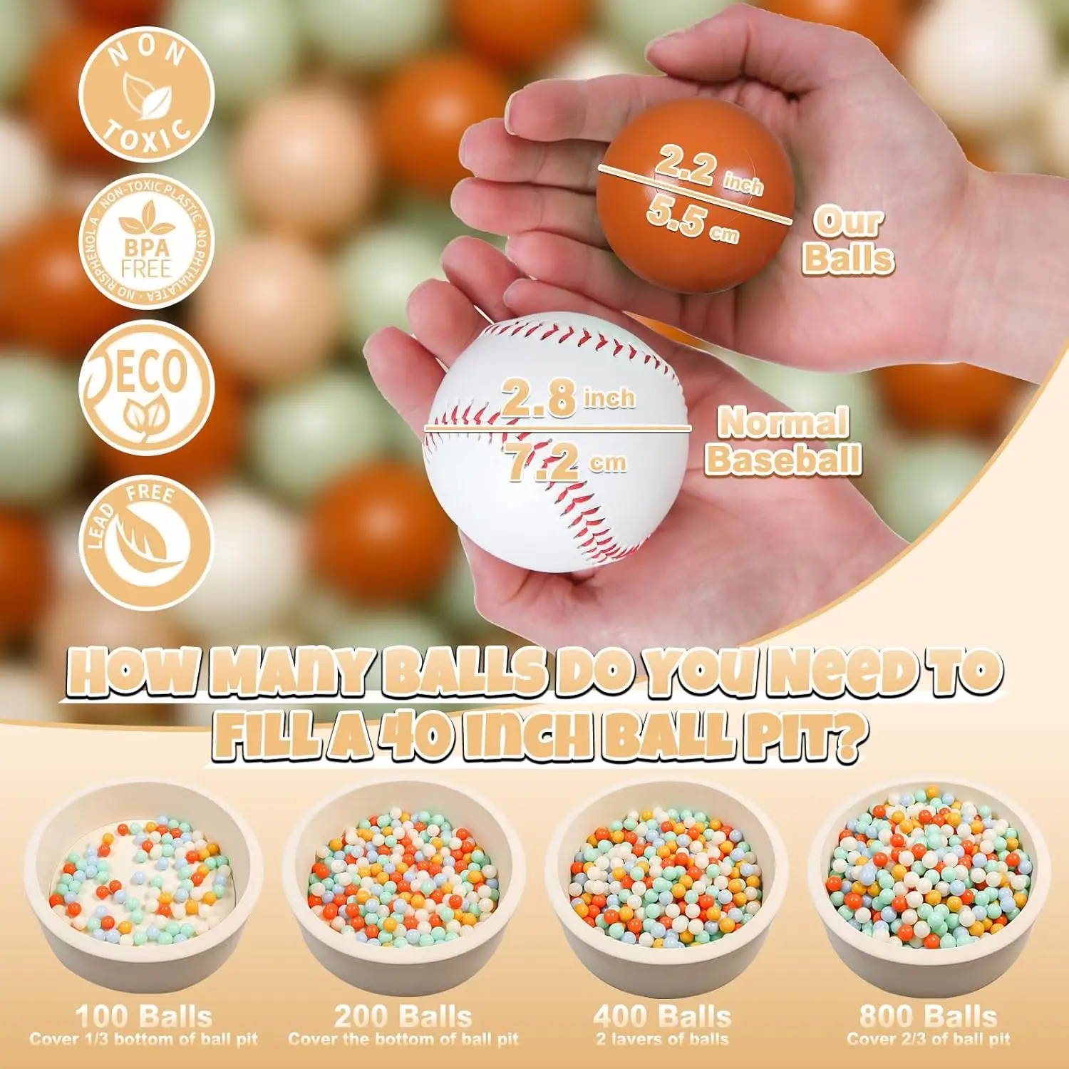 Cream Ball Pit Balls 100 Balls, 2.2 Inch Ball Pool Balls for Baby Fun Toys, Different Shaped for Toddler Ball Pit, Boys Girl Kid