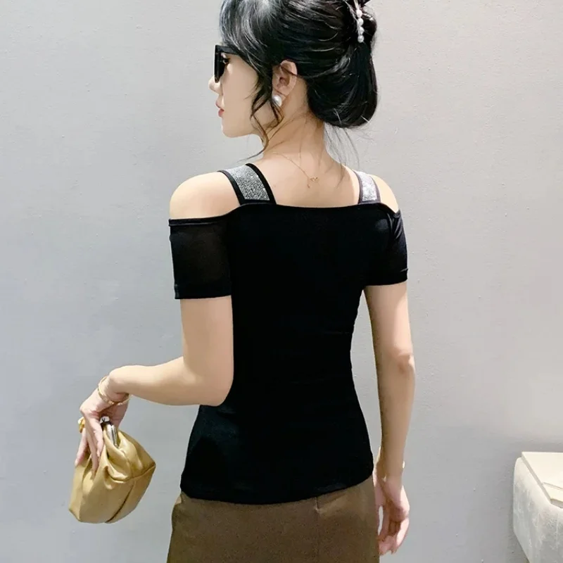 Brand Design Heart Shape Letter Women's T-Shirts High-End Shiny Hot Diamonds Mesh Tops Femme Sexy Off Shoulder Elegant Tees