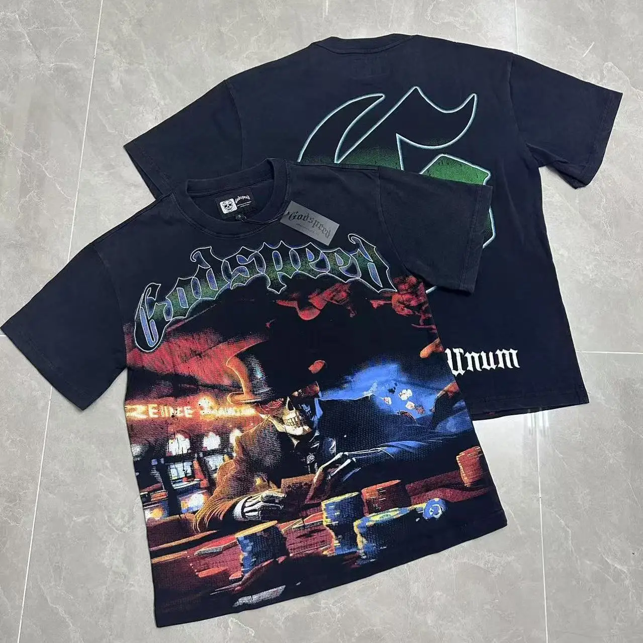 Godspeed American Retro Skeleton Print T-Shirt Loose Fit Cotton Short Sleeve Worn-In Style Youthful Fashion Streetwear