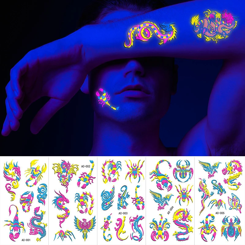 

Nightclub Waterproof Fluorescent Tattoo Stickers Face Stickers Dragon Tiger Flower Feather Neon Glowing Body Art Tattoo Stickers