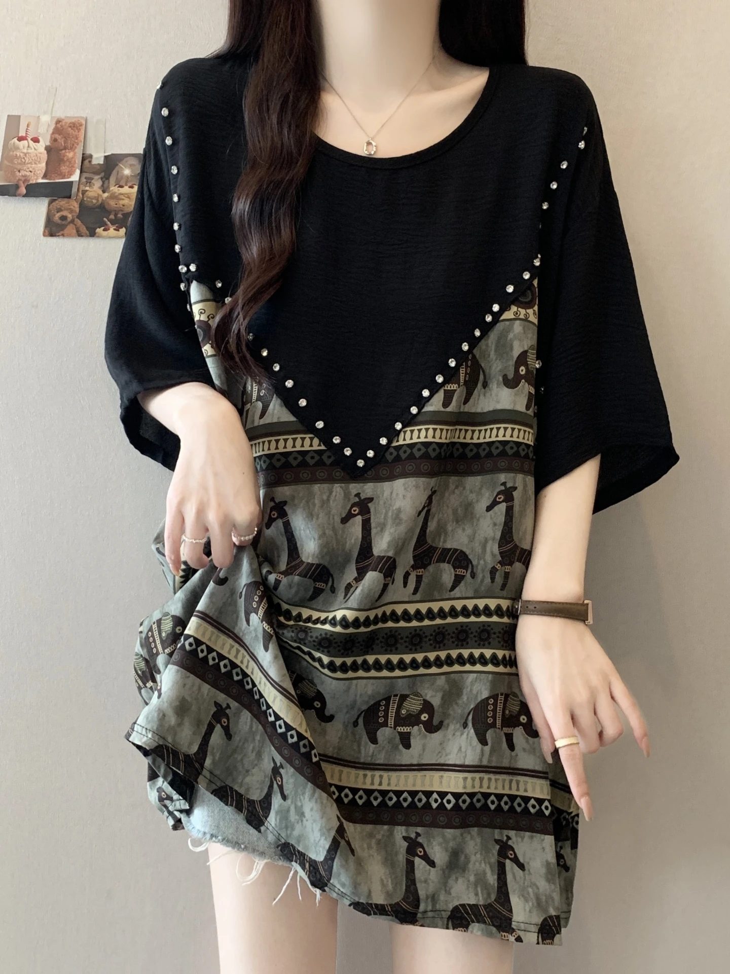 Retro Print Sleeveless T-Shirt plus Size Women's Summer Slimming Belly Covering Medium Length Top Fake Two-Piece Ensemble