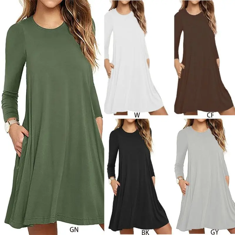 

Womens Autumn Long Sleeve Round Neck Plain T-Shirt Dress Solid Color Pleated Swing Casual Loose Pullover Streetwear with Pockets