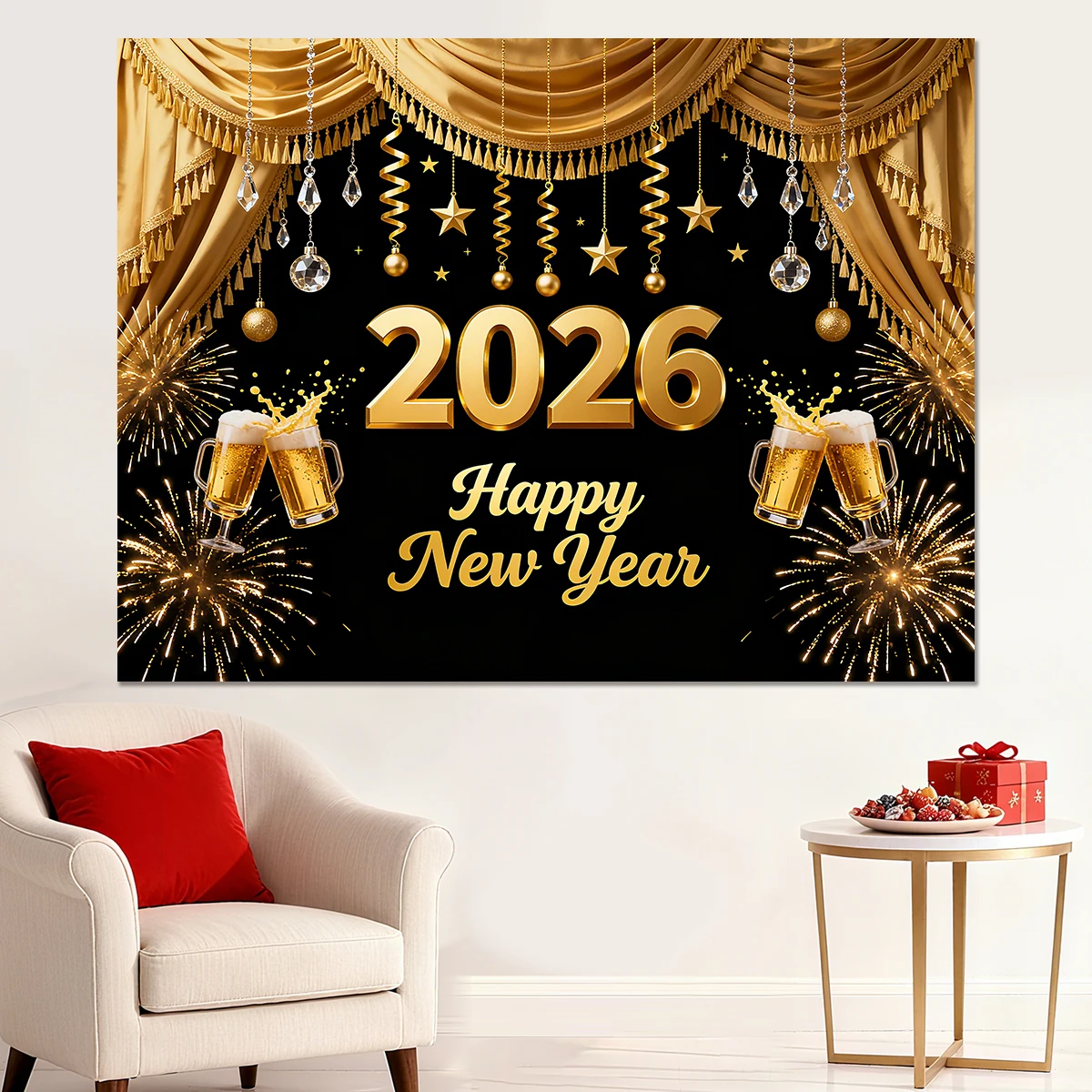 ترحيب 2026 سنة جديدة سعيدة ديكور حفلة إعداد الألعاب النارية البيرة الاحتفال ثلاثي الأبعاد زوجين معلقة القماش راية با