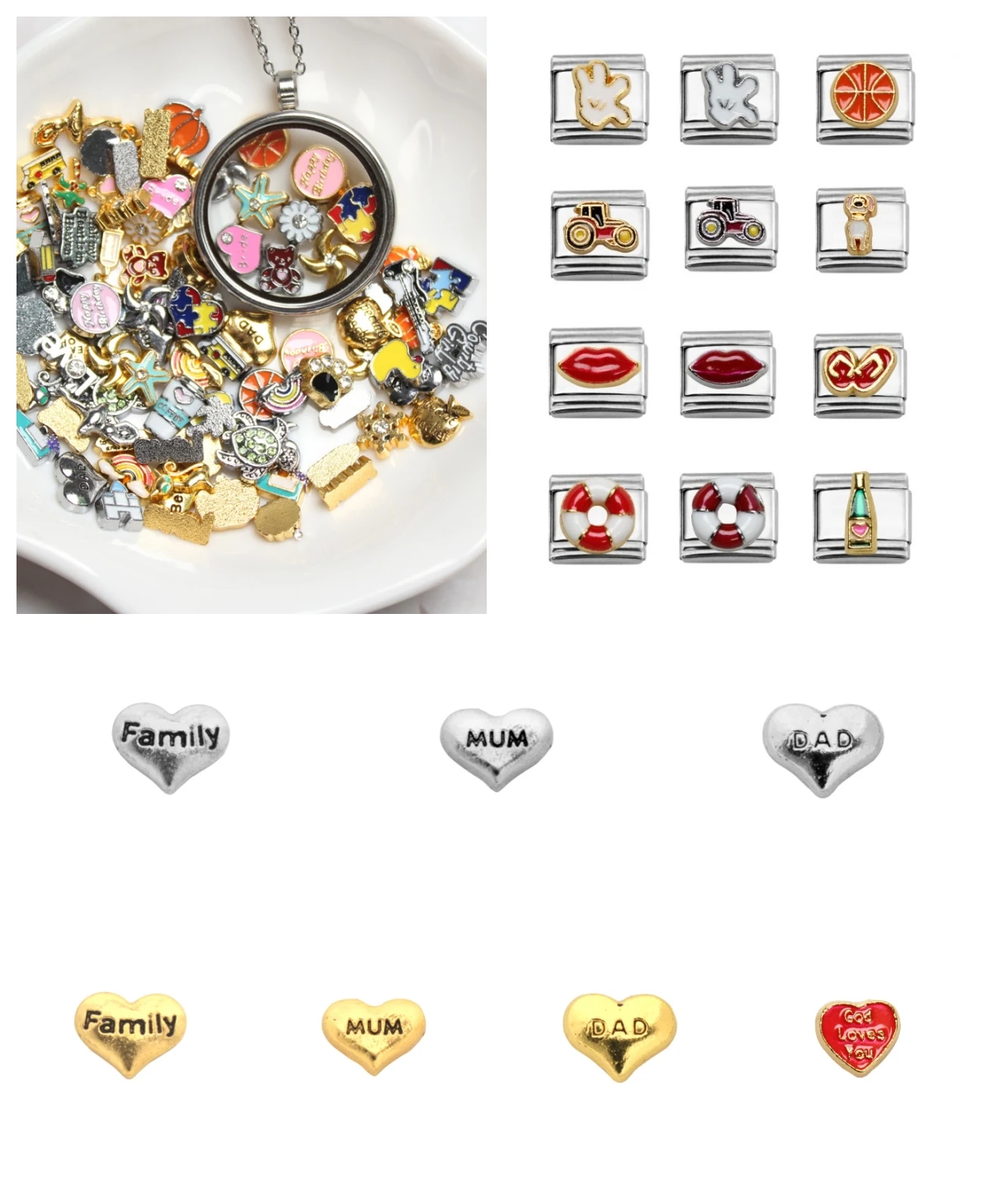 10pcs Family Love Floating Charms For Mom Gift Italy Bracelet Jewelry Making Floating lockets Filling Material DIY Accessories