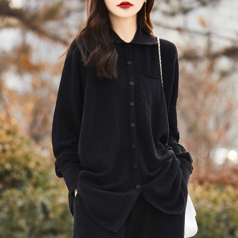 100% Wool Spring and Autumn Women's Suit Shirt Collar Sweater Cardigan Loose Casual Wide-Leg Pants Knitted Fashion Two-Piece Set view 4