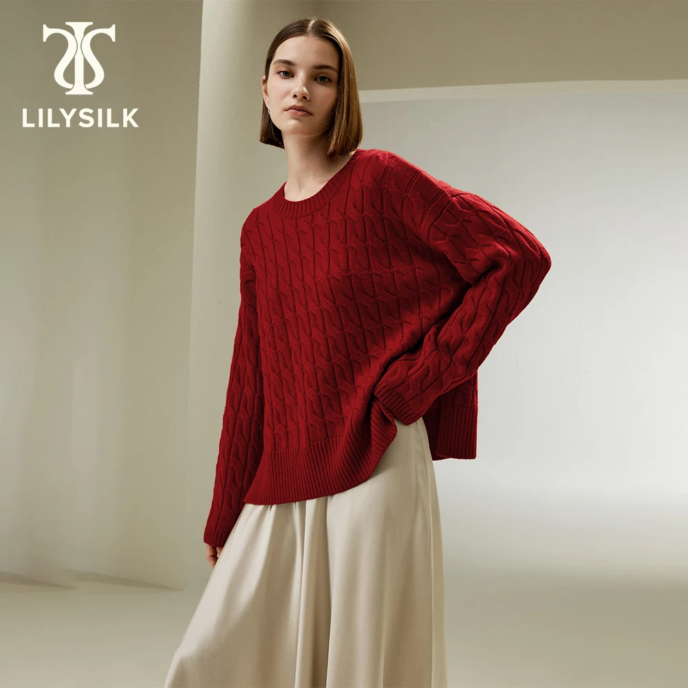 LILYSILK Women's Ultrafine Merino Wool Crewneck Sweater Ladies Cable Knit Relaxed Fit Classic Pullover for Multiple Occasions