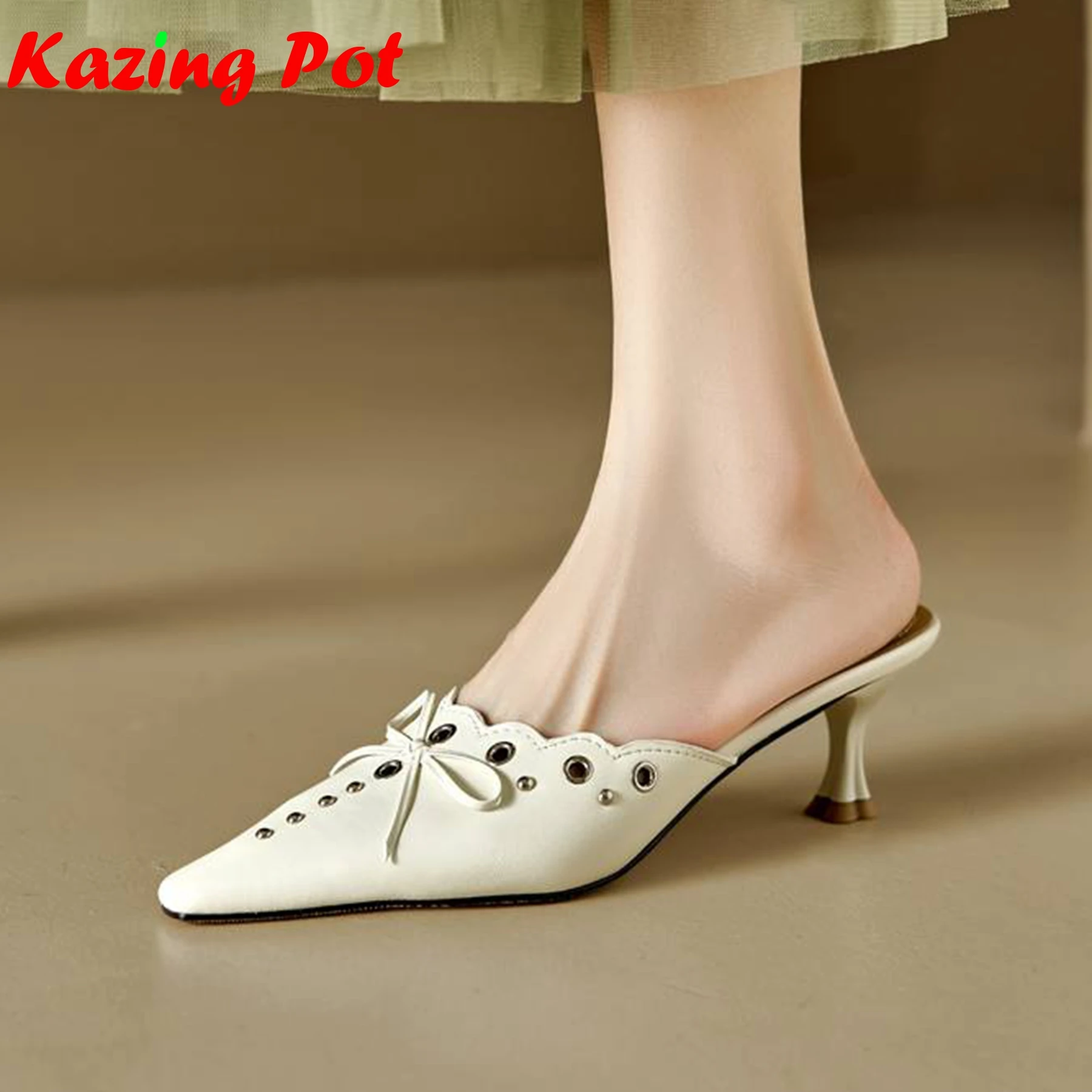 

Krazing Pot Sheep Skin Shallow Summer Shoes Gladiator Hollow Decoration Pointed Toe Stiletto Heels Slingback Bowtie Women Pumps