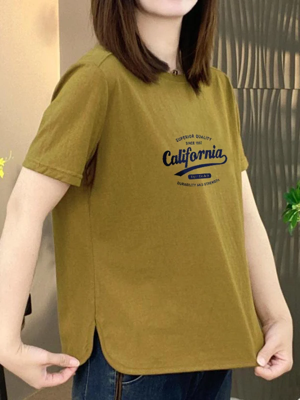 

Модная свободная футболка с коротким рукавом и принтом, женская одежда для повседневной носки, стройнящая модель для мам, удобный топ из полиэфирного волокна