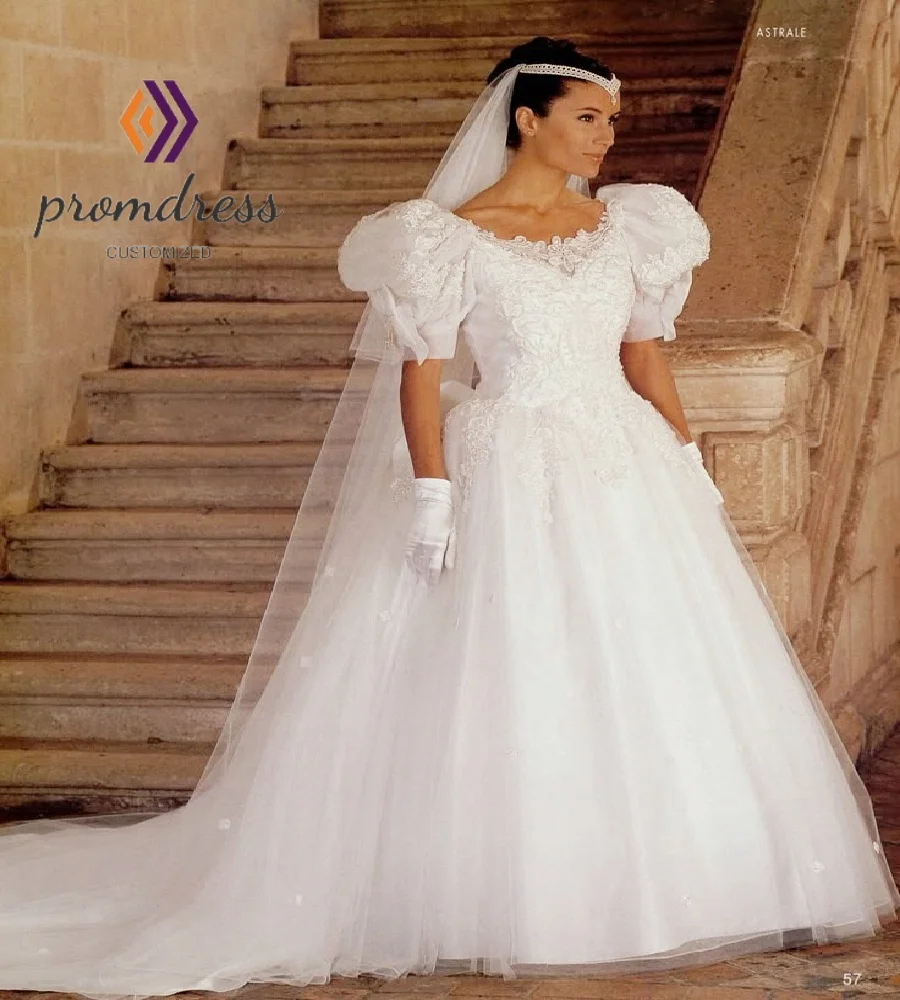 Suknia ślubna w stylu vintage z lat 80., koreańska, bufiaste rękawy, wróżkowa księżniczka, rustykalna suknia ślubna, linia A, tiulowa suknia ślubna do kościoła, renesansowa.