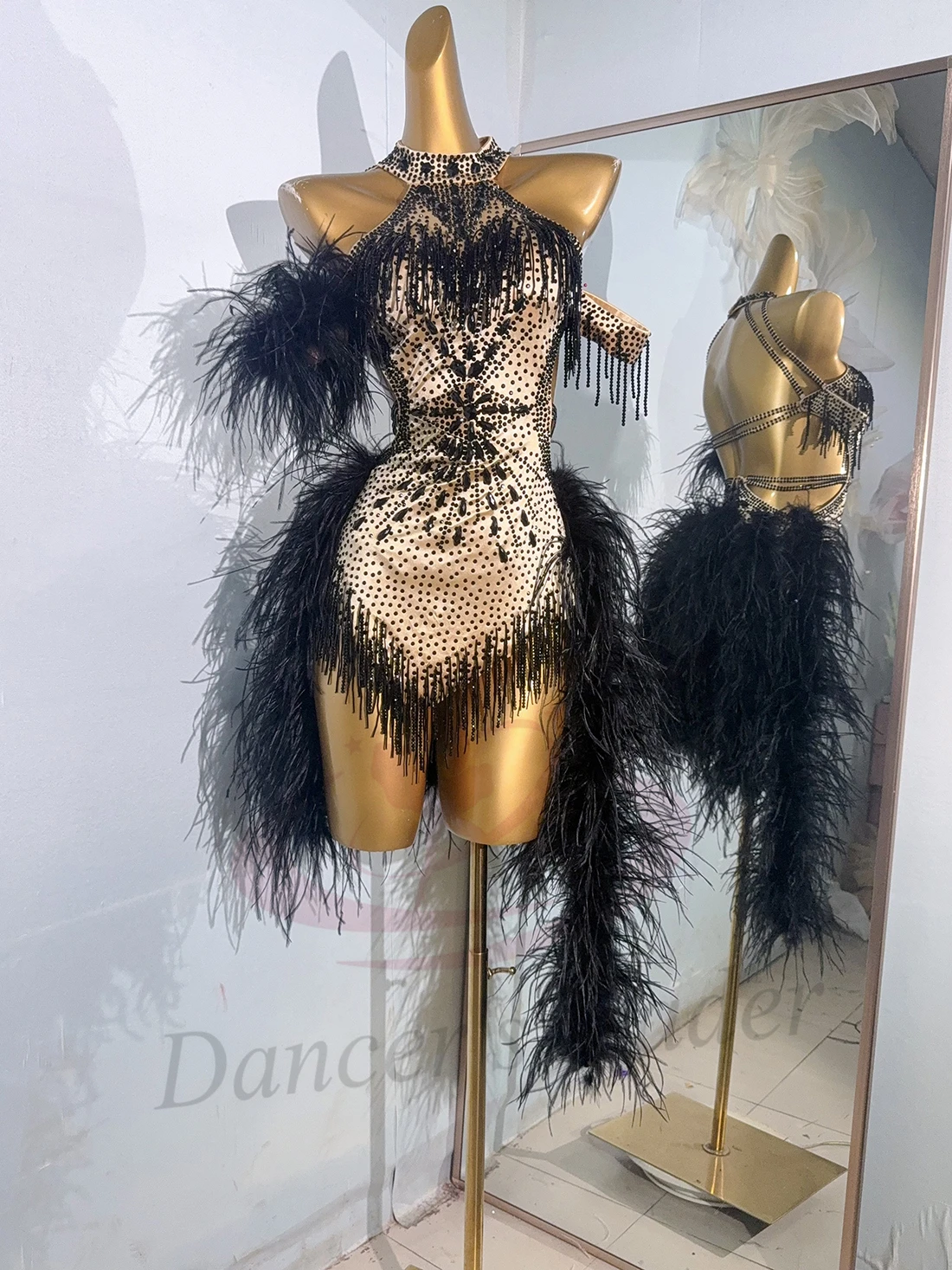 Latin Dance Adult And Children'S Dress, Rhinestone High-End Custom Leopard Print Plush Tango Women'S Professional Clothing