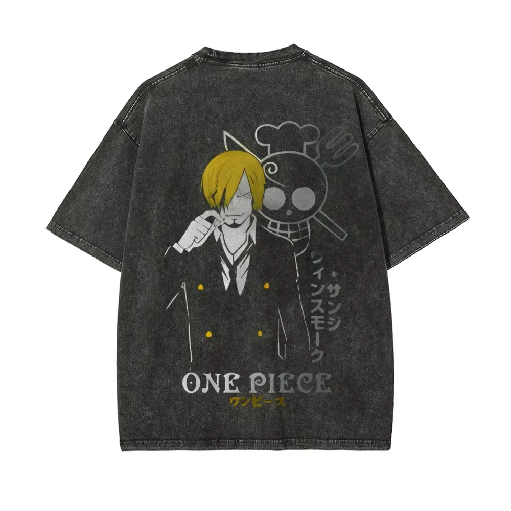 

One Piece Men's and Women's Washed T-Shirt Sanji Clothing Summer and Spring Anime Niche Tee Retro Distressed Short Sleeve