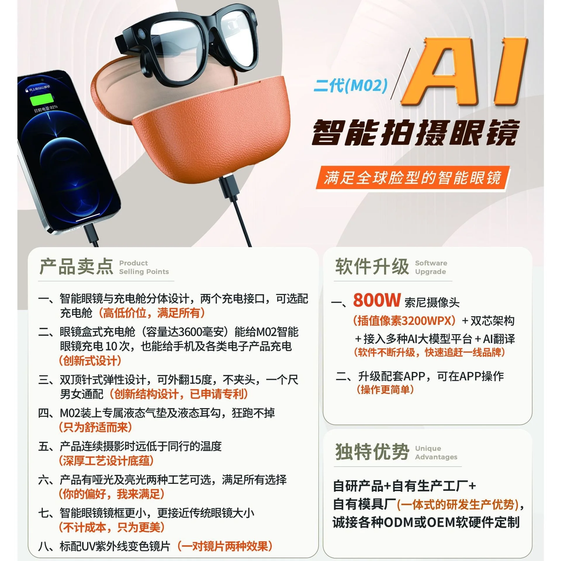 Cross-border new M02Ultra black technology 800w pixel reverse charging compartment smart glasses AI recognition translation