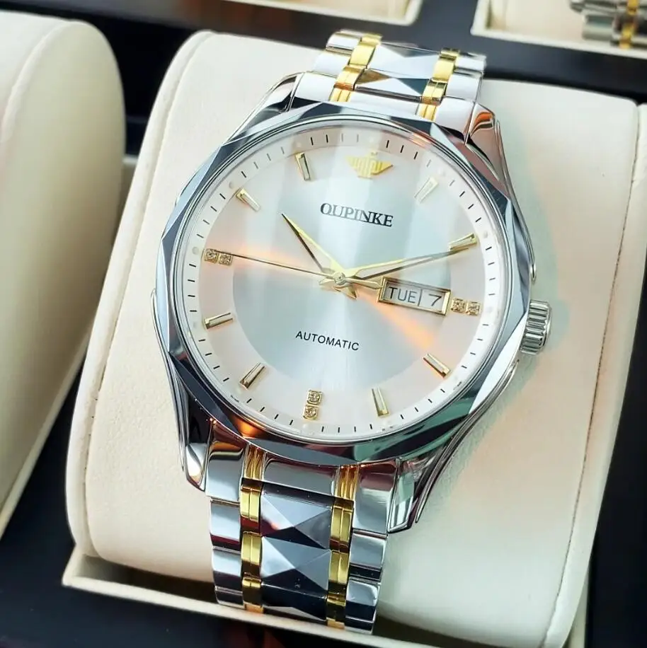 

OUPINKE 3295, автоматические мужские часы, механические часы с двойным календарем для мужчин, ремешок из вольфрамовой стали, глубокие водонепроницаемые деловые ручные часы