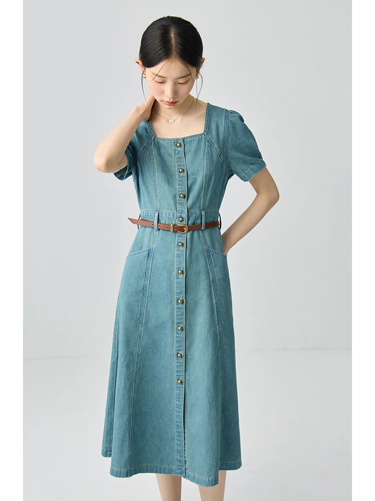 ZIQIAO Long Denim Blue Summer Dress Square Neck Temperament Puff Short Sleeve A-LINE Long Dress Single Breasted Dress 24ZQ92294