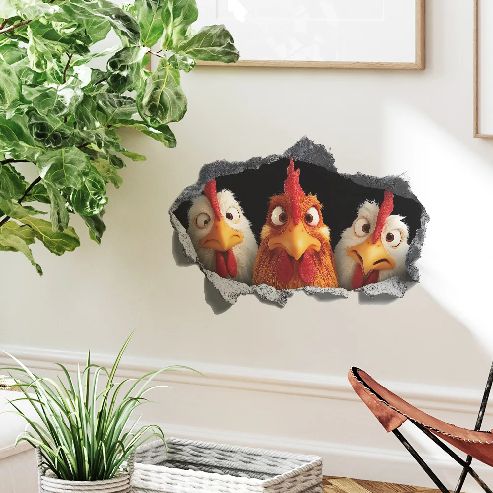 Funny wall-breaking sticker for three roosters' heads, for home decoration at the entrance of the living room, self-adhesive.