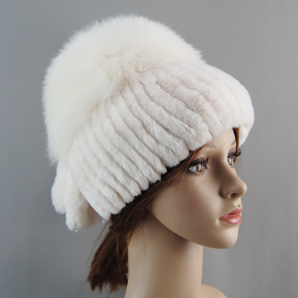 Fashion Rex Rabbit Fur Fox Fur Hat Winter Warm Women Knitting Caps Rex Rabbit Fur Hats Vertical Weaving With FOX Fur On The Top
