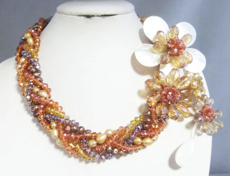 Crystal + pearls hand-woven flower necklace  20