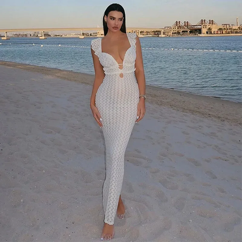 ボニー エレガントなネクタイ ディテール セクシーなカットアウト バックレス ドレス パーティー クラブ衣装夏シースルー ノースリーブ ドレス ローブ新しい