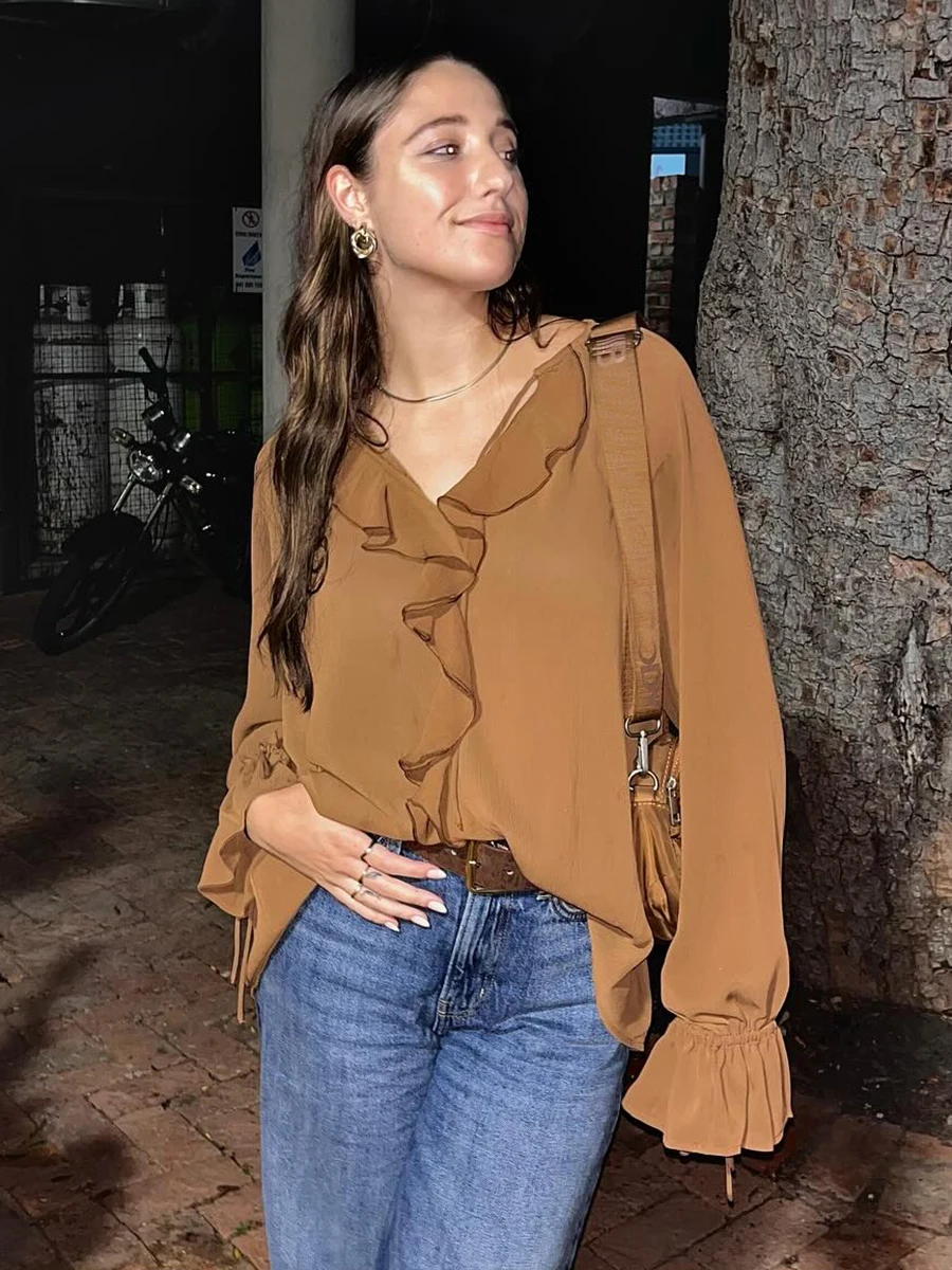 

Solid Ruffle Thin Blouses Women Sexy V Neck Lace-up Long Sleeve Pullover Blouse Summer New Simple Casual Fashion Shirt Tops Lady