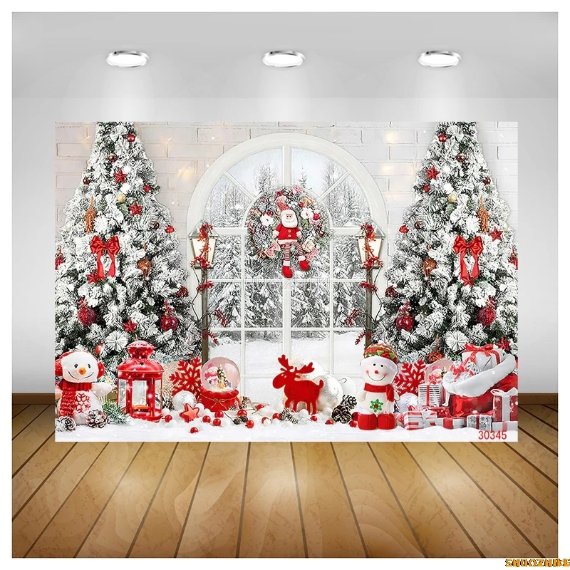 

SHUOZHIKE Christmas Tree Window Wreath Photography Backdrop Wooden Doors Snowman Cinema Pine New Year Background Prop ZZ-21